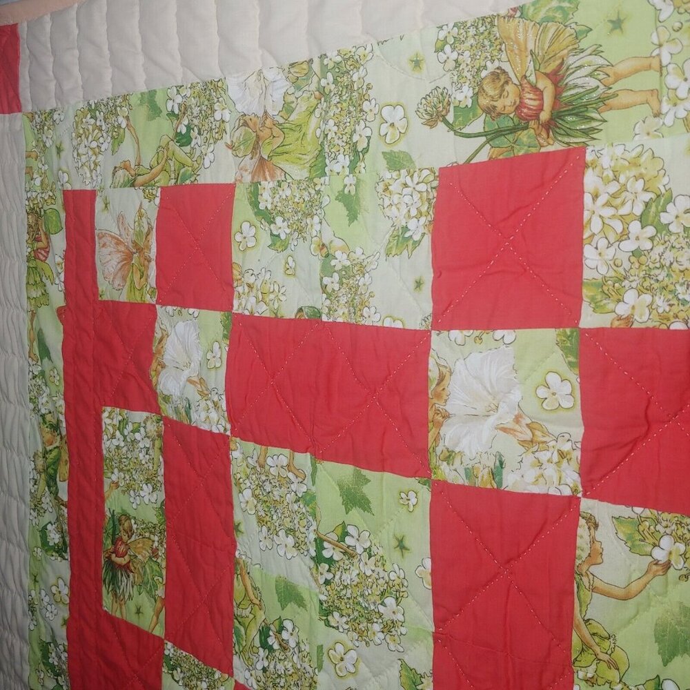 Homemade Baby Quilt Woodland Fairies Sparkle Green Floral Pink Patchwork Magical - Picture 5 of 11